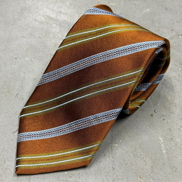 Ermenegildo Zegna Tie 100% Silk Made in Italy Bronze Striped Satin 3.75" - Picture 2 of 7